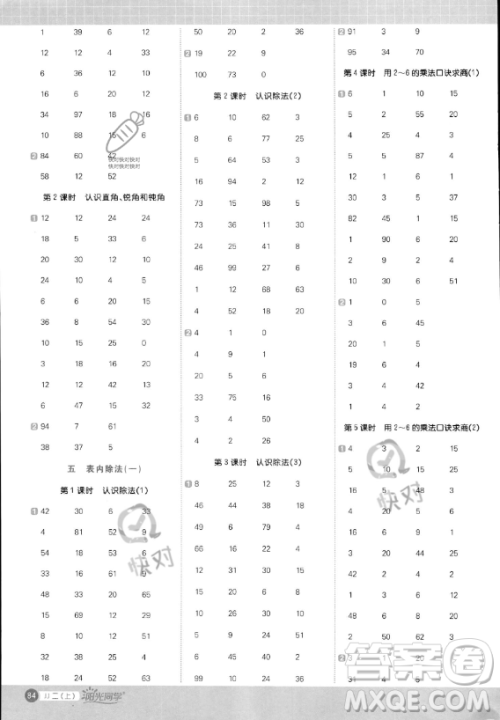 江西教育出版社2023年秋季阳光同学计算小达人二年级上册数学冀教版答案