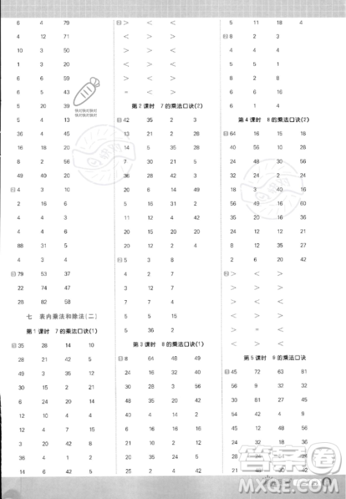 江西教育出版社2023年秋季阳光同学计算小达人二年级上册数学冀教版答案