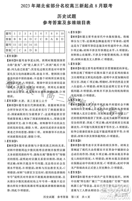 2023年湖北省部分名校高三新起点8月联考历史试题答案 2023年湖北省部分名校高三新起点8月联考历史试题答案