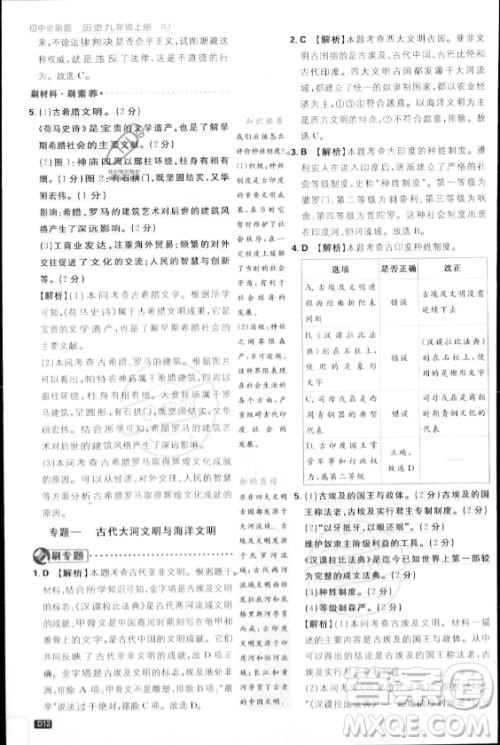 开明出版社2024届初中必刷题九年级上册历史人教版答案