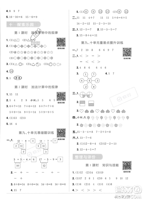 江西教育出版社2023年秋季阳光同学课时优化作业一年级上册数学冀教版答案