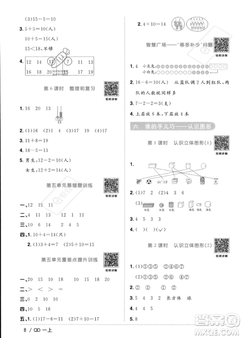 江西教育出版社2023年秋季阳光同学课时优化作业一年级上册数学青岛版答案