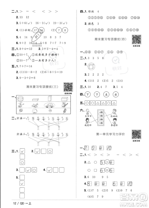 江西教育出版社2023年秋季阳光同学课时优化作业一年级上册数学青岛版答案