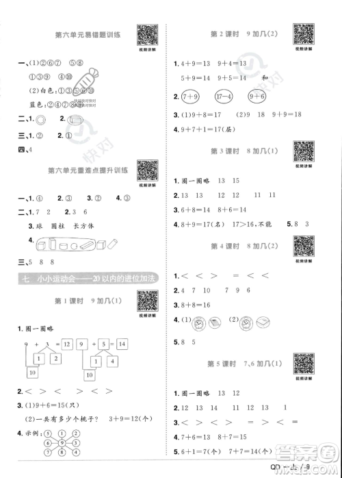 江西教育出版社2023年秋季阳光同学课时优化作业一年级上册数学青岛版答案