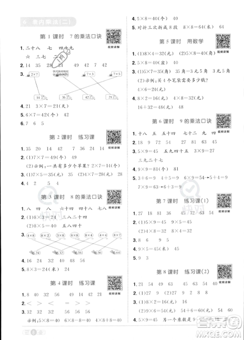 江西教育出版社2023年秋季阳光同学课时优化作业二年级上册数学人教版答案