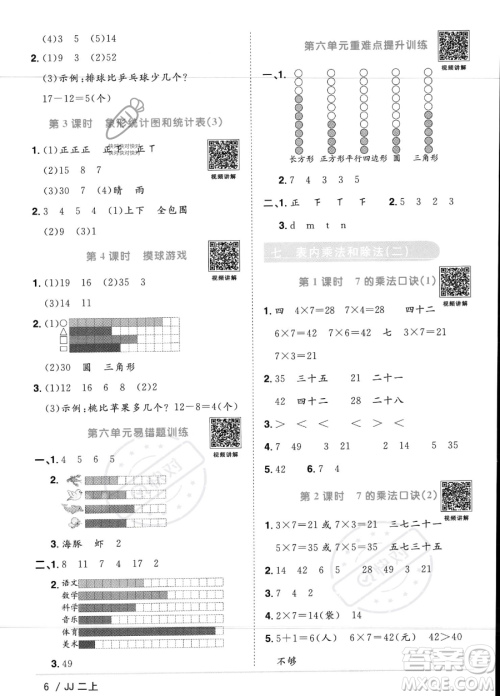 江西教育出版社2023年秋季阳光同学课时优化作业二年级上册数学冀教版答案