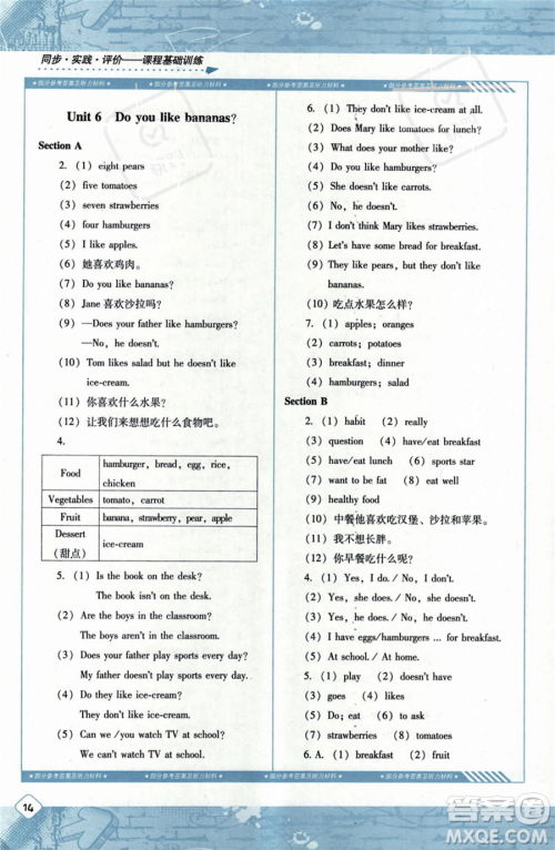 湖南少年儿童出版社2023年秋季同步实践评价课程基础训练七年级上册英语人教版答案