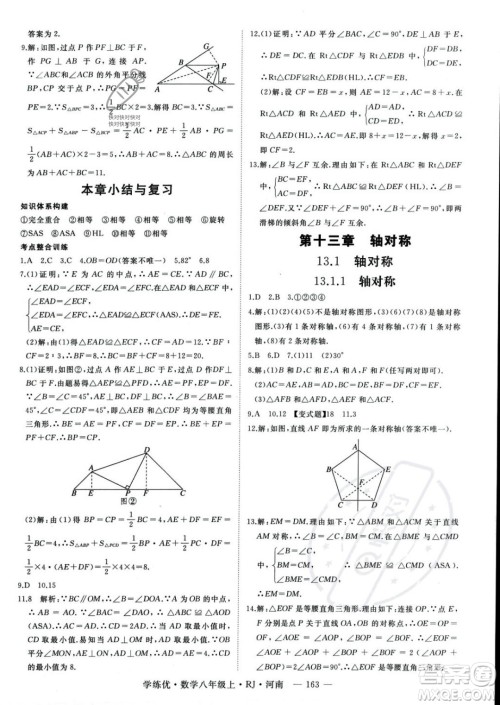 武汉出版社2023年秋季学练优八年级上册数学人教版河南专版答案