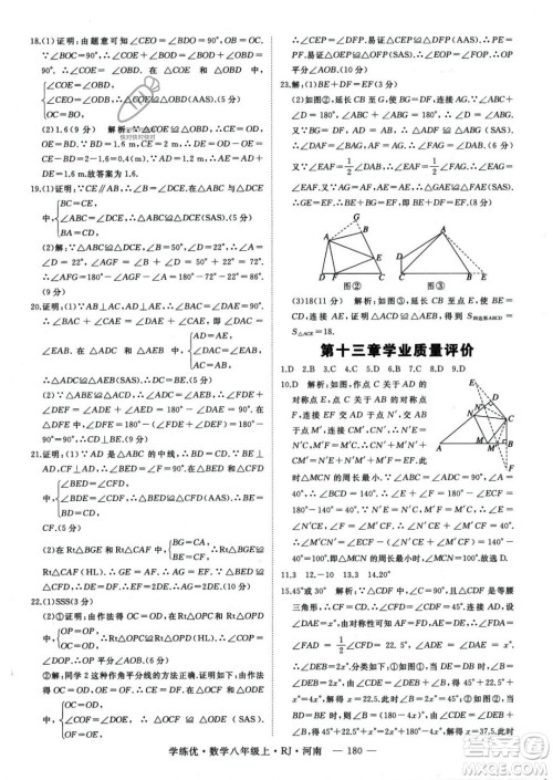 武汉出版社2023年秋季学练优八年级上册数学人教版河南专版答案