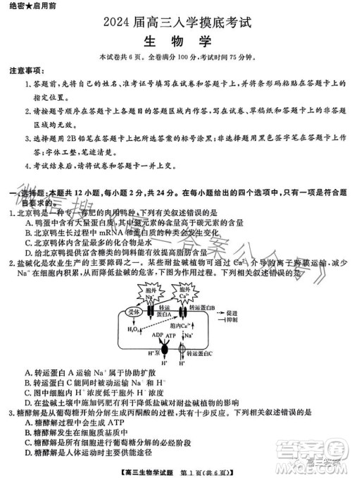 天壹名校联盟2024届高三入学摸底考试生物试卷答案 天壹名校联盟2024届高三入学摸底考试生物试卷答案
