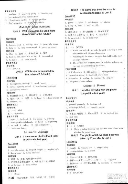 阳光出版社2023年秋季全品学练考九年级上册英语外研版答案