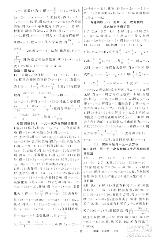 新疆青少年出版社2023年秋季四清导航七年级上册数学人教版河南专版答案