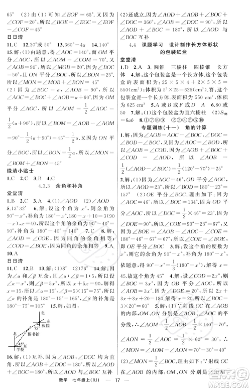 新疆青少年出版社2023年秋季四清导航七年级上册数学人教版河南专版答案