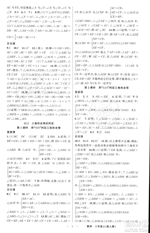 新疆青少年出版社2023年秋季四清导航八年级上册数学人教版答案