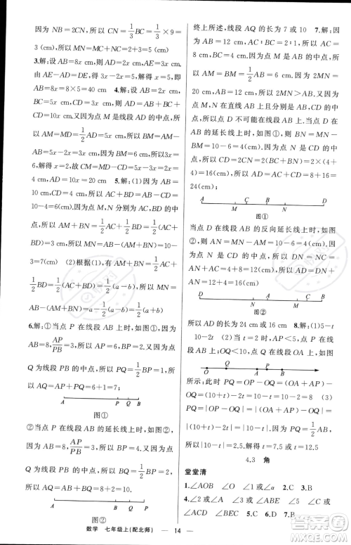 新疆青少年出版社2023年秋季四清导航七年级上册数学北师大版答案