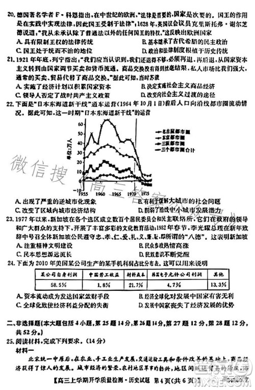 金科大联考2023-2024学年高三上学期开学质量检测243007Z历史答案