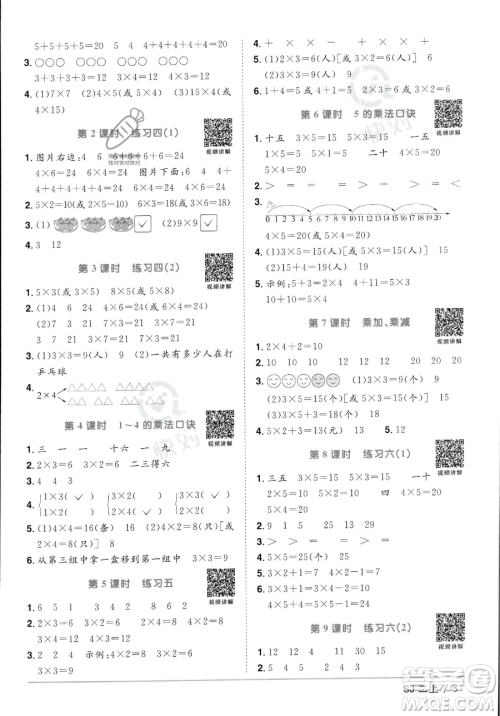 江西教育出版社2023年秋季阳光同学课时优化作业二年级上册数学苏教版答案