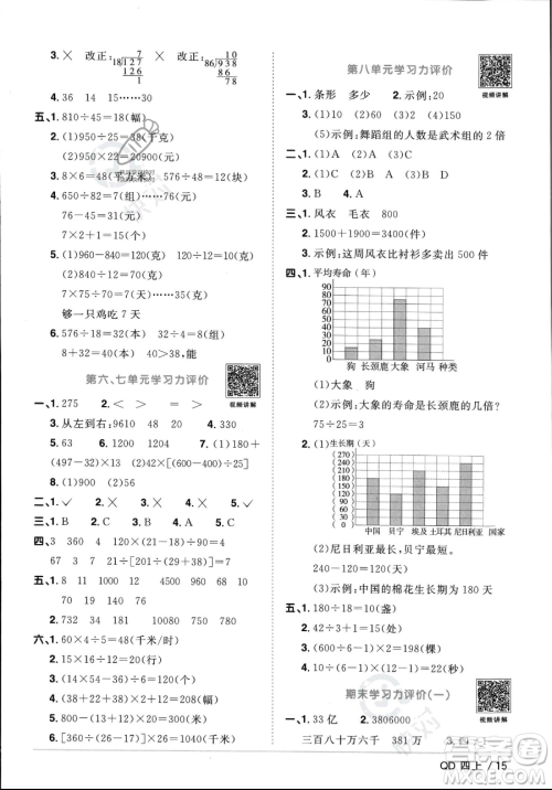 江西教育出版社2023年秋季阳光同学课时优化作业四年级上册数学青岛版答案