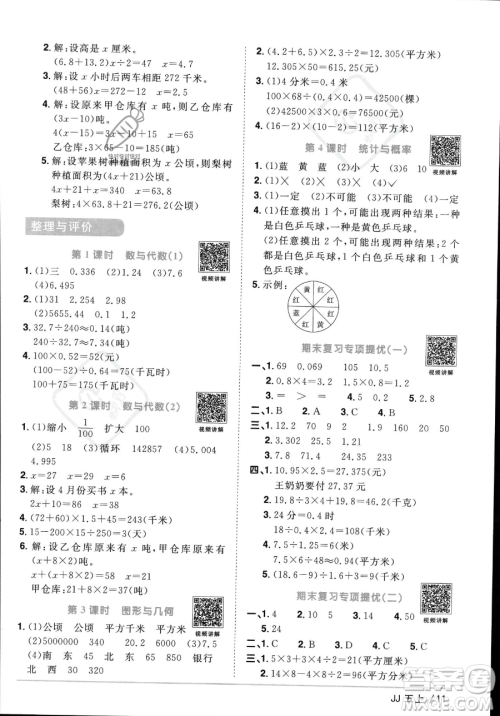 江西教育出版社2023年秋季阳光同学课时优化作业五年级上册数学冀教版答案