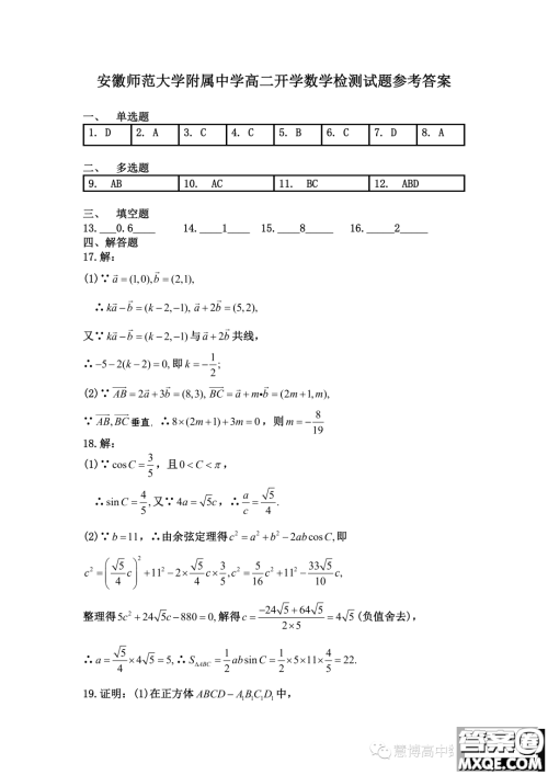 安徽师范大学附属中学2023年高二上学期开学考试数学试题答案