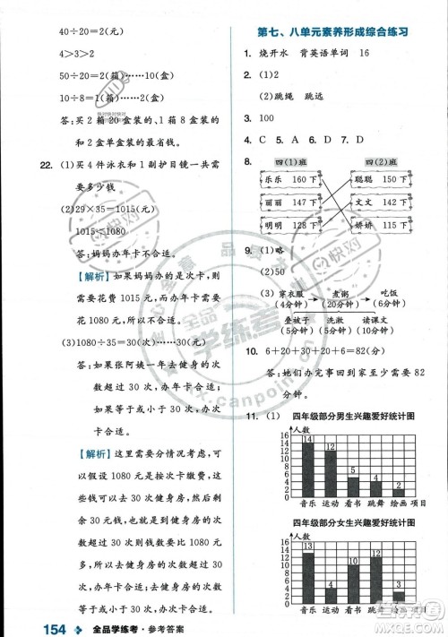 开明出版社2023年秋季全品学练考四年级上册数学人教版答案