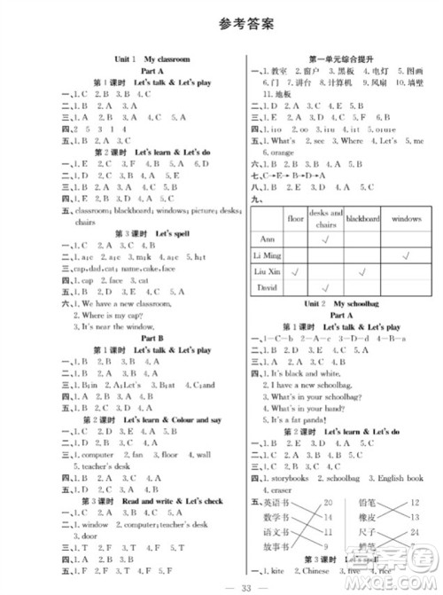 合肥工业大学出版社2023年秋课堂制胜课时作业四年级英语上册人教版参考答案