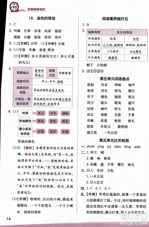 江西人民出版社2023年秋季王朝霞创维新课堂三年级上册语文人教版答案