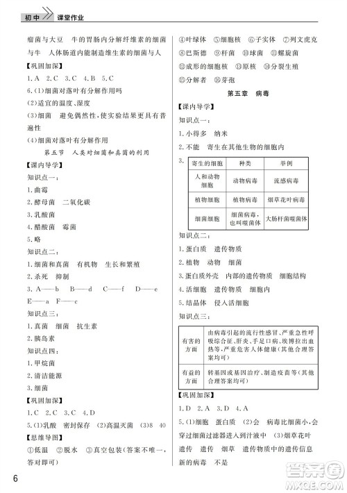 武汉出版社2023年秋智慧学习天天向上课堂作业八年级生物上册人教版参考答案