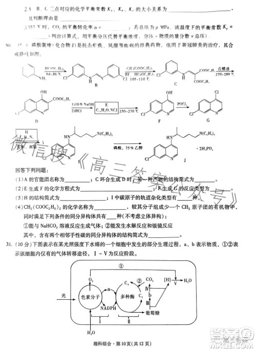 昆明市第一中学2024届高中新课标高三第一次摸底测试理科综合答案