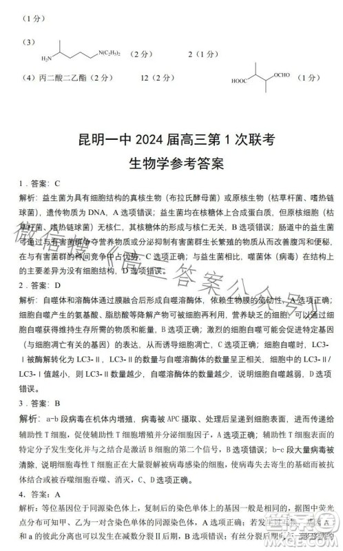 昆明市第一中学2024届高中新课标高三第一次摸底测试理科综合答案