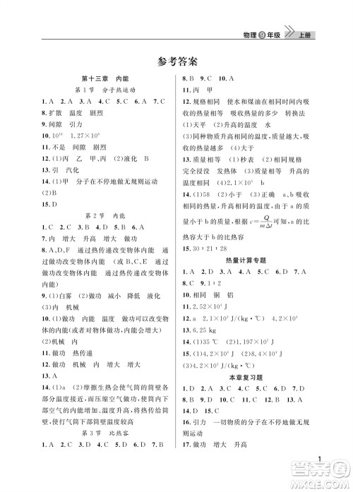武汉出版社2023年秋智慧学习天天向上课堂作业九年级物理上册人教版参考答案