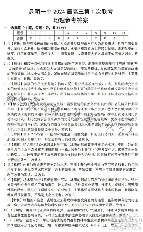 昆明市第一中学2024届高中新课标高三第一次摸底测试文科综合答案 昆明市第一中学2024届高中新课标高三第一次摸底测试文科综合答案