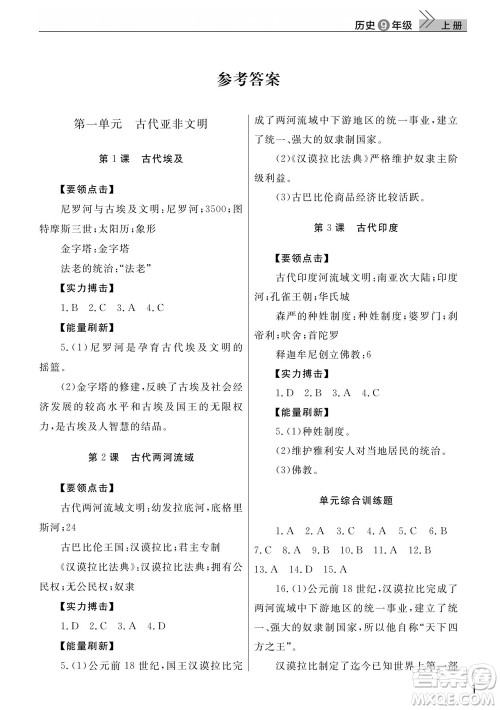武汉出版社2023年秋智慧学习天天向上课堂作业九年级历史上册人教版参考答案