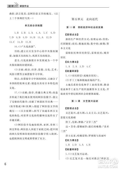 武汉出版社2023年秋智慧学习天天向上课堂作业九年级历史上册人教版参考答案