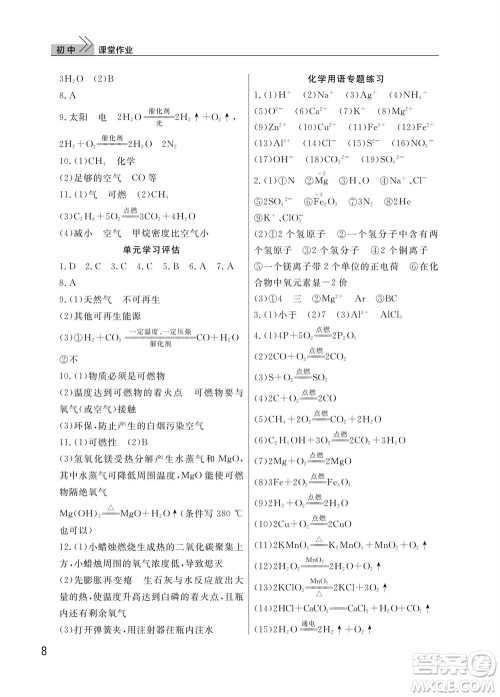 武汉出版社2023年秋智慧学习天天向上课堂作业九年级化学上册人教版参考答案