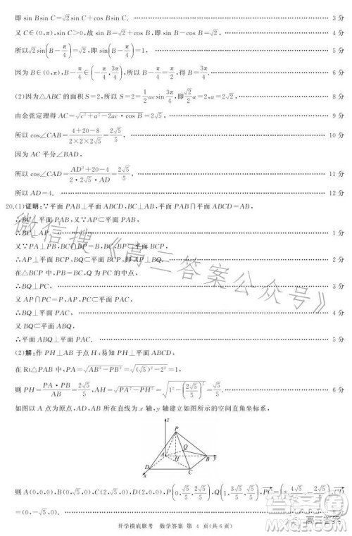 百师联盟2024届高三开学摸底联考数学试卷答案