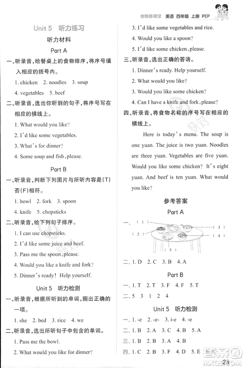 江西人民出版社2023年秋王朝霞创维新课堂四年级上册英语人教PEP版答案