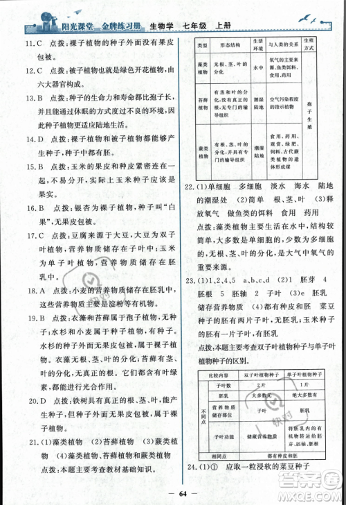 人民教育出版社2023年秋阳光课堂金牌练习册七年级上册生物人教版答案 人民教育出版社2023年秋阳光课堂金牌练习册七年级上册生物人教版答案