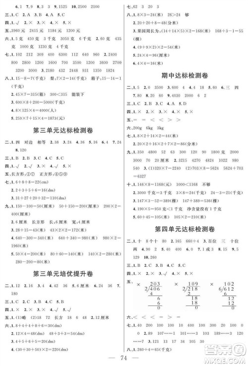 阳光出版社2023年秋名师面对面大试卷三年级数学上册苏教版参考答案