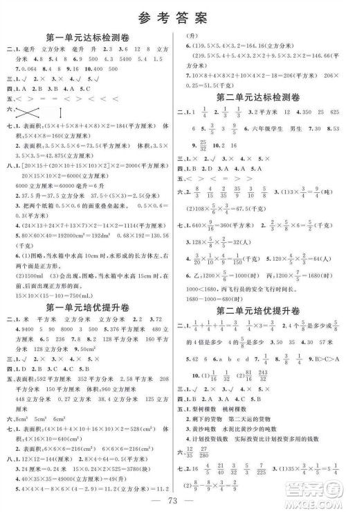 阳光出版社2023年秋名师面对面大试卷六年级数学上册苏教版参考答案