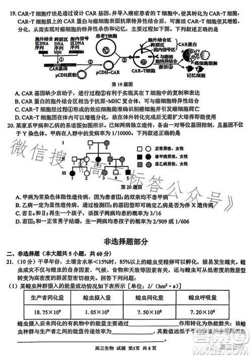 2023学年第一学期浙江省七彩阳光新高考研究联盟返校联考高三生物试题答案