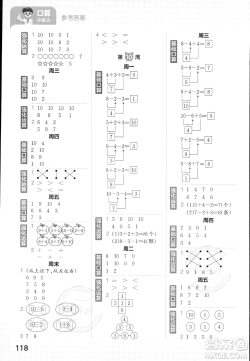 江西人民出版社2023年秋王朝霞口算小达人一年级上册数学人教版答案