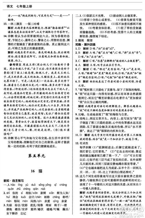 甘肃少年儿童出版社2023年秋配套综合练习七年级语文上册人教版参考答案