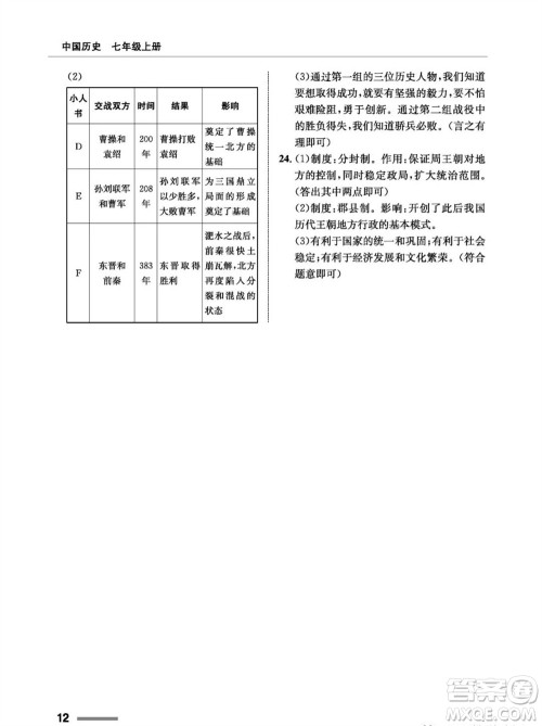 甘肃教育出版社2023年秋配套综合练习七年级中国历史上册人教版参考答案