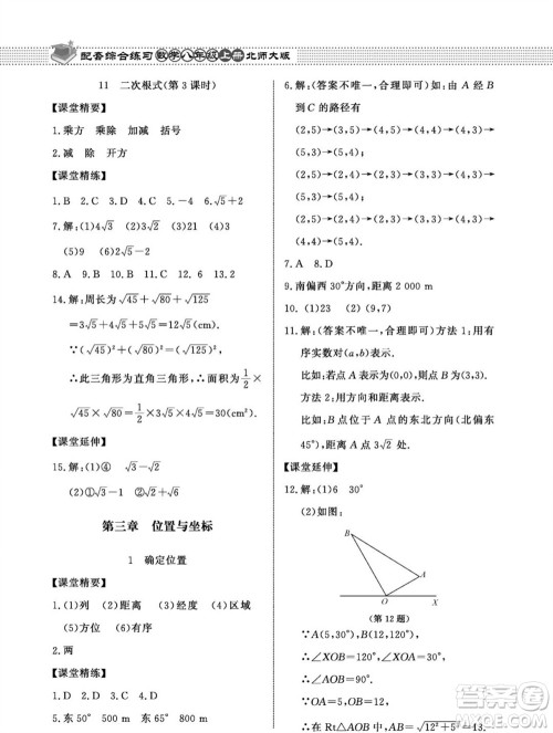 北京师范大学出版社2023年秋配套综合练习八年级数学上册北师大版参考答案 北京师范大学出版社2023年秋配套综合练习八年级数学上册北师大版参考答案