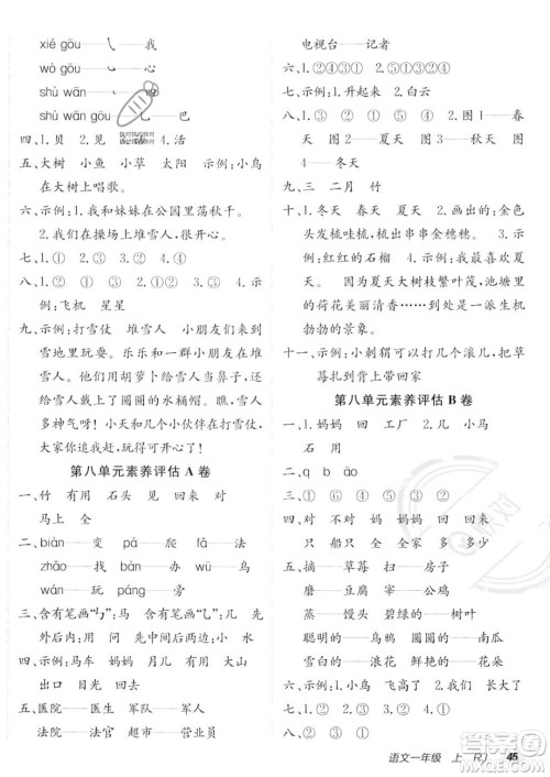 新疆青少年出版社2023年秋海淀单元测试AB卷一年级上册语文人教版答案