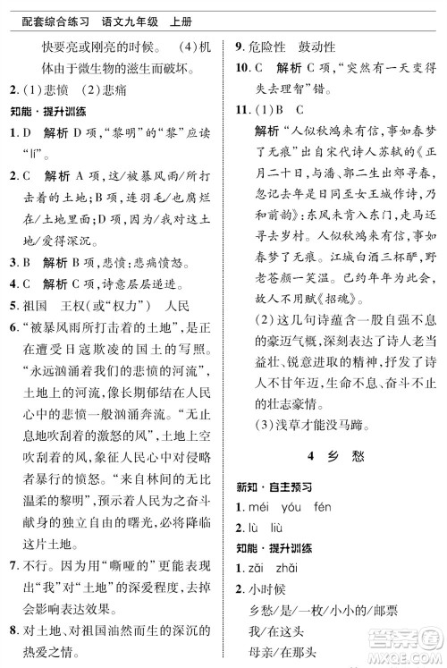 北京师范大学出版社2023年秋配套综合练习九年级语文上册人教版参考答案 北京师范大学出版社2023年秋配套综合练习九年级语文上册人教版参考答案