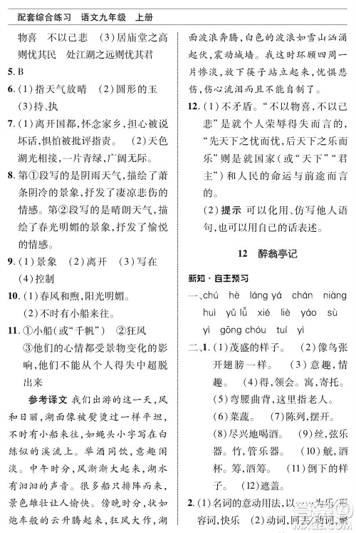 北京师范大学出版社2023年秋配套综合练习九年级语文上册人教版参考答案