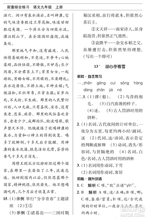 北京师范大学出版社2023年秋配套综合练习九年级语文上册人教版参考答案