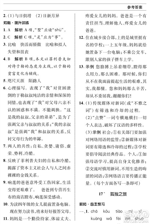 北京师范大学出版社2023年秋配套综合练习九年级语文上册人教版参考答案
